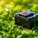 Une batterie de tondeuse usagée posée sur l’herbe dans un jardin au printemps, éclairage naturel et style photo documentaire réaliste.