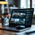Ordinateur portable sur un bureau affichant une interface réaliste d’annonces automobiles européennes, mettant en avant des voitures d’occasion et des modèles hybrides, ambiance journalistique documentaire.