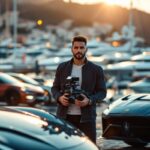 Portrait éditorial d’un influenceur automobile à Monaco, posé près de supercars, ambiance luxe, lumière cinématographique et arrière-plan portuaire.
