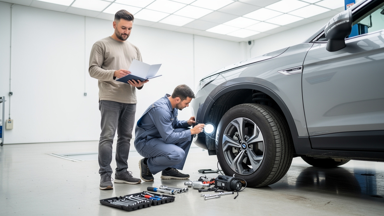 Un acheteur examine les documents d’entretien d’une voiture d’occasion pendant qu’un mécanicien contrôle les pneus et les freins dans un atelier lumineux.