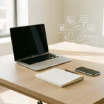 Bureau moderne et lumineux avec un ordinateur portable, un carnet vierge, un smartphone et des icônes numériques abstraites flottantes.