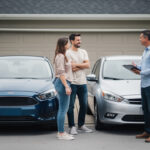 Deux voitures d’occasion sont garées côte à côte devant un garage, tandis qu’un vendeur particulier et un conseiller automobile discutent avec une acheteuse.