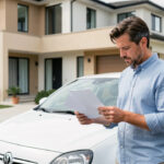 Un homme examine des documents vierges à côté d’une voiture compacte garée devant une maison, dans une lumière naturelle.