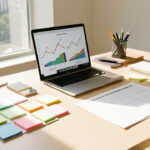 Bureau lumineux avec ordinateur portable, calendrier éditorial vierge, notes colorées et graphiques de performance abstraits.