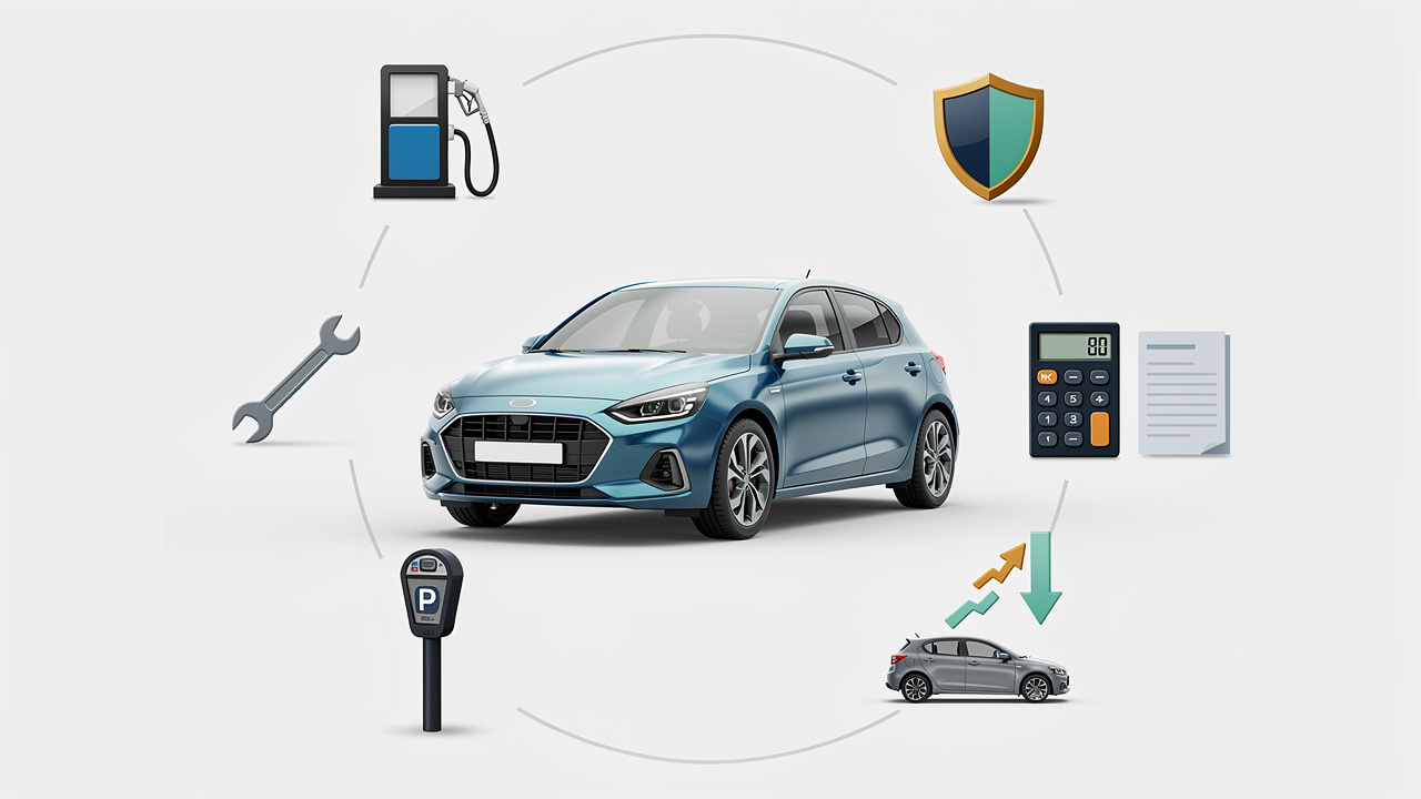 Infographie éditoriale représentant une voiture entourée de symboles illustrant le carburant, l’assurance, l’entretien, le financement, le stationnement et la décote.