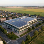 Vue aérienne réaliste d’un bâtiment public du Grand Arras doté de panneaux solaires, entouré de paysages urbains et de champs du Pas-de-Calais sous une douce lumière matinale.