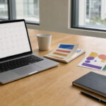Bureau moderne et lumineux avec un ordinateur portable, un calendrier vierge, un carnet fermé et des graphiques colorés abstraits.