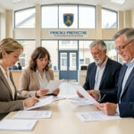 Illustration réaliste d’une préfecture française où quatre personnes aux profils variés consultent calmement des documents administratifs vierges dans un espace d’accueil sobre et lumineux.